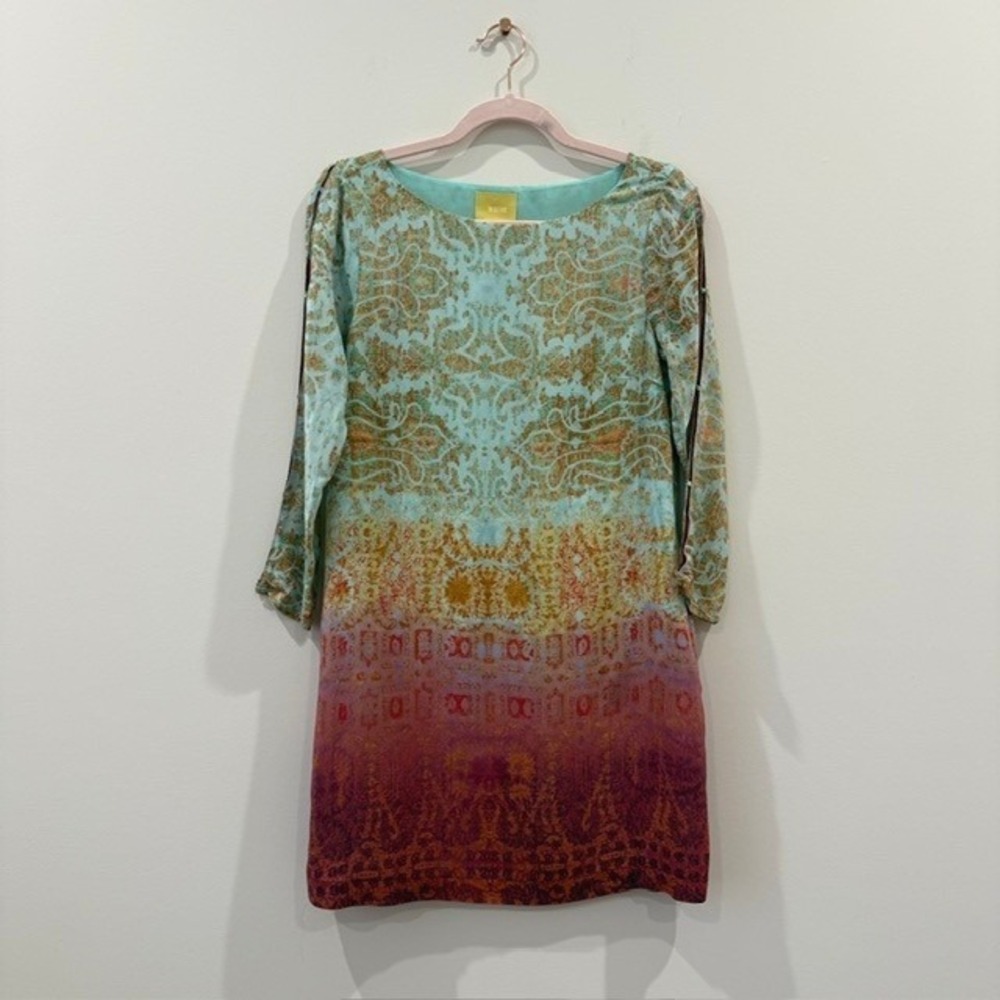 Maeve Anthropologie Silk Ombre Paisley Shift Dress Boho Split Sleeve | Size XS